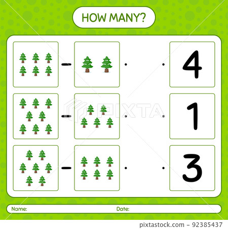How many counting game with pine tree. worksheet for preschool kids, kids activity sheet 92385437