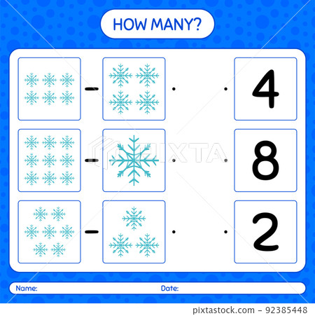 How many counting game with snowman. worksheet for preschool kids, kids activity sheet 92385448