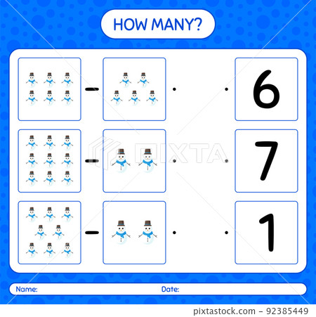 How many counting game with snowman. worksheet for preschool kids, kids activity sheet 92385449