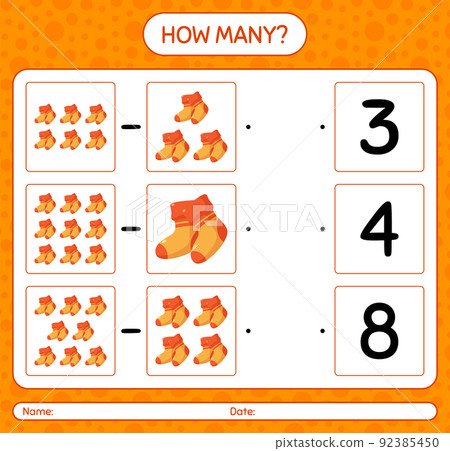 How many counting game with sock. worksheet for preschool kids, kids activity sheet 92385450