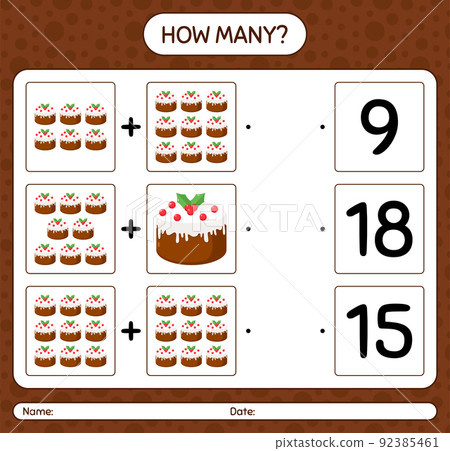 How many counting game with christmas cake. worksheet for preschool kids, kids activity sheet 92385461