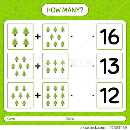 How many counting game with christmas tree. worksheet for preschool kids, kids activity sheet 92385469