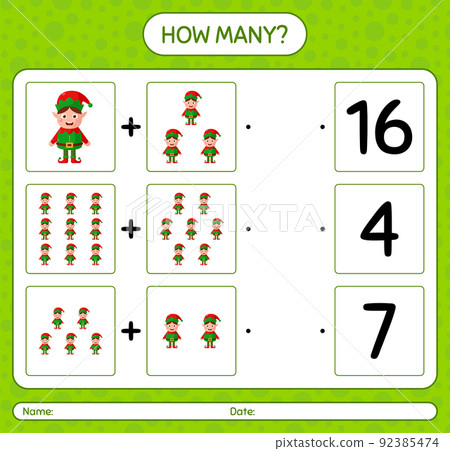 How many counting game with elf. worksheet for preschool kids, kids activity sheet How many counting game with elf. worksheet for preschool kids, kids activity sheet 92385474