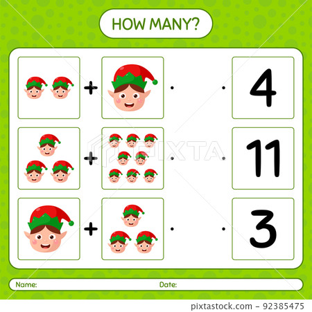 How many counting game with elf. worksheet for preschool kids, kids activity sheet How many counting game with elf. worksheet for preschool kids, kids activity sheet 92385475