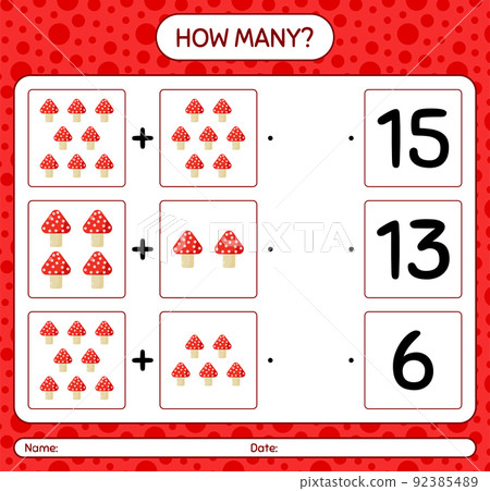 How many counting game with mushroom. worksheet for preschool kids, kids activity sheet How many counting game with mushroom. worksheet for preschool kids, kids activity sheet 92385489