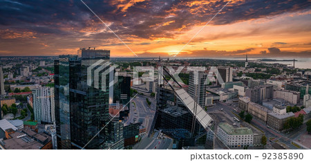 Aerial view of the Tallinn business center in the evening. Beautiful business district 92385890