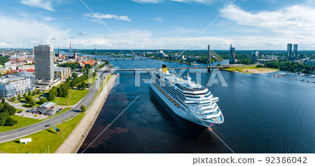 Aerial view of the large cruise ship docked in Riga port, Aerial view of the large cruise ship docked in Riga port, 92386042