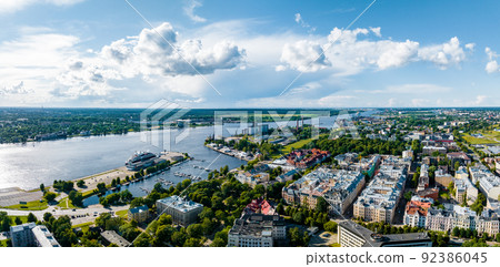 Close up panoramic view of the cathedral with Riga old town in the background. 92386045