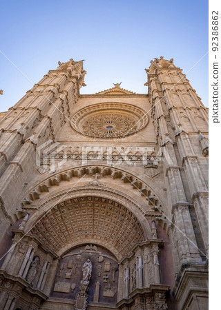 Low angle view of beautiful La Seu cathedral against clear blue sky Low angle view of beautiful La Seu cathedral against clear blue sky 92386862
