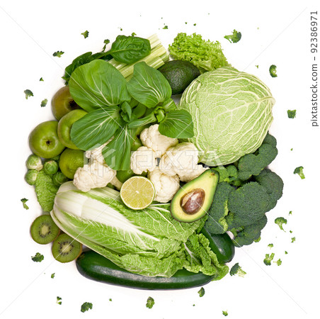 Banner composition with healthy vegetarian meal ingredients. Raw food concept. A variety of organic fruits and vegetables with avocado. Vegan menu 92386971