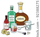 Stylish hand-drawn doodle cartoon style Sazerac cocktail composition. A bottle of absinthe, aromatic red bitte and cognac. Goof for bar menu, cook book recipe, stickers or cards. 92388275