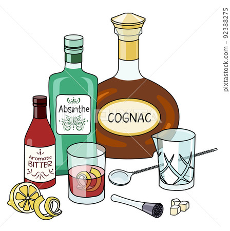 Stylish hand-drawn doodle cartoon style Sazerac cocktail composition. A bottle of absinthe, aromatic red bitte and cognac. Goof for bar menu, cook book recipe, stickers or cards. Stylish hand-drawn doodle cartoon style Sazerac cocktail composition. A bottle of absinthe, aromatic red bitte and cognac. Goof for bar menu, cook book recipe, stickers or cards. 92388275