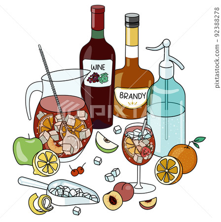 Stylish hand-drawn doodle cartoon style Spanish summer Sangria cocktail composition. A bottle of red wine and brandy, sangria jug and glass, lemon. For bar menu, cook book recipe, stickers or cards. Stylish hand-drawn doodle cartoon style Spanish summer Sangria cocktail composition. A bottle of red wine and brandy, sangria jug and glass, lemon. For bar menu, cook book recipe, stickers or cards. 92388278