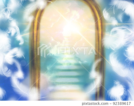 Illustration of white angel wings flying in the sky, a gate leading to heaven, and a staircase of glowing clouds 92389617