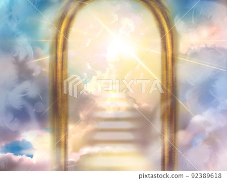 白色天使翅膀在天空中飛翔的插圖,通往天堂的大門,以及發光雲層的樓梯 白色天使翅膀在天空中飛翔的插圖,通往天堂的大門,以及發光雲層的樓梯 92389618