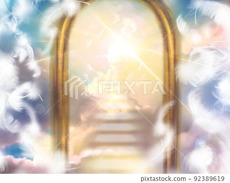 白色天使翅膀在天空中飛翔的插圖,通往天堂的大門,以及發光雲層的樓梯 白色天使翅膀在天空中飛翔的插圖,通往天堂的大門,以及發光雲層的樓梯 92389619