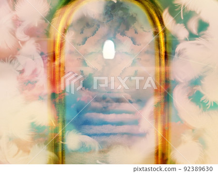Illustration of white angel wings flying in the sky, a gate leading to heaven, and a staircase of glowing clouds Illustration of white angel wings flying in the sky, a gate leading to heaven, and a staircase of glowing clouds 92389630