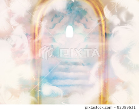 Illustration of white angel wings flying in the sky, a gate leading to heaven, and a staircase of glowing clouds Illustration of white angel wings flying in the sky, a gate leading to heaven, and a staircase of glowing clouds 92389631