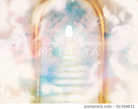 Illustration of white angel wings flying in the sky, a gate leading to heaven, and a staircase of glowing clouds Illustration of white angel wings flying in the sky, a gate leading to heaven, and a staircase of glowing clouds 92389632