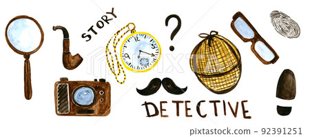 watercolor set of objects detective investigator detective criminal investigation 92391251
