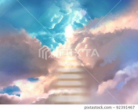 來自閃亮天堂的光和通向天堂的發光雲梯的插圖 92391467