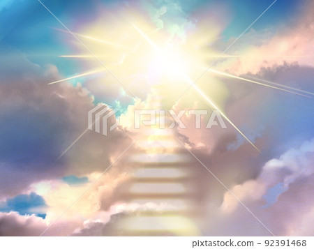 來自閃亮天堂的光和通向天堂的發光雲梯的插圖 92391468