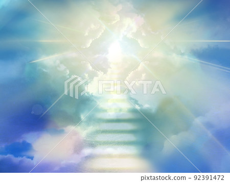 來自閃亮天堂的光和通向天堂的發光雲梯的插圖 92391472