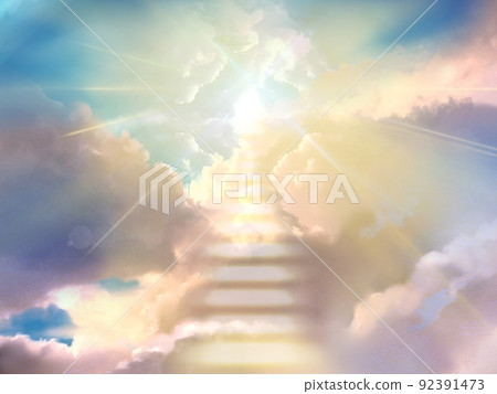 來自閃亮天堂的光和通向天堂的發光雲梯的插圖 92391473