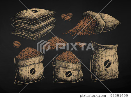 Chalk sketches set of sacks with coffee beans Chalk sketches set of sacks with coffee beans 92391499