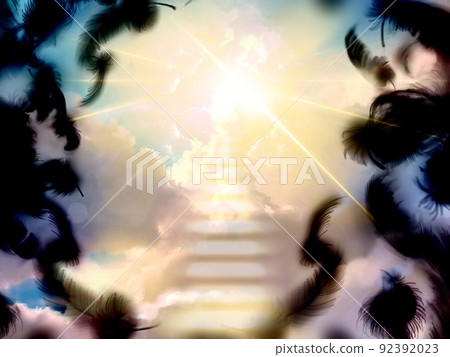 黑色羽毛在天空中飛翔和通向天堂的發光雲樓梯的插圖 92392023