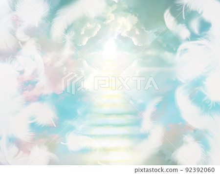 Illustration of white feathers flying in the blue sky and cloud stairs leading to heaven 92392060