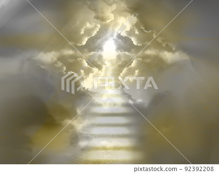 Fantastic near-death experience monochrome illustration with cloud stairs leading to heaven and heavenly light 92392208