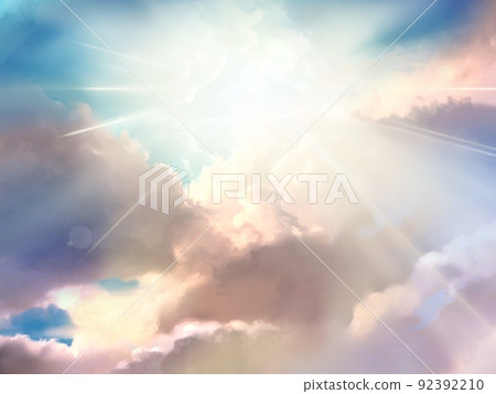 A fantastic near-death experience illustration with clouds and heavenly light leading to heaven 92392210