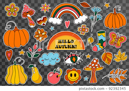 Retro 70s autumn vibe, hippie stickers, psychedelic groovy elements. Cartoon funky autumn Retro 70s autumn vibe, hippie stickers, psychedelic groovy elements. Cartoon funky autumn 92392345