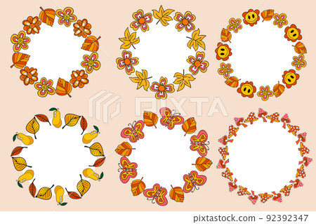 Set vintage retro 70s round frame of autumn leaves. Autumn, leaves, wreaths, ribbon. Vector illustration Set vintage retro 70s round frame of autumn leaves. Autumn, leaves, wreaths, ribbon. Vector illustration 92392347