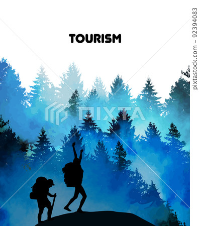 Traveler Silhouette Stand Top Mountain Rock Peak Climber Empty Copy Space . A tourist with a backpack stands on top of a hill. Vector illustration 92394083