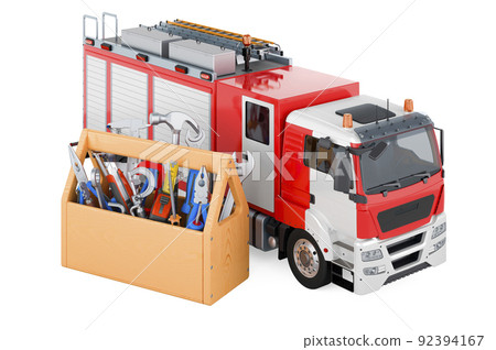 Repair and service of fire truck, 3D rendering Repair and service of fire truck, 3D rendering 92394167