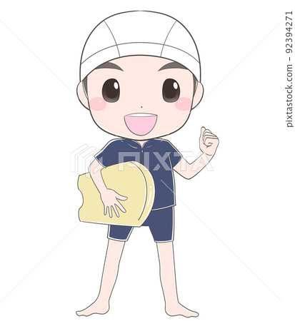 Elementary school boy wearing a swimsuit and holding a kickboard Elementary school boy wearing a swimsuit and holding a kickboard 92394271