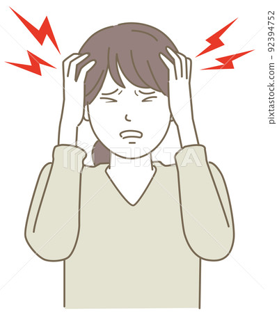 Illustration of a woman with a headache, tension-type headache 92394752