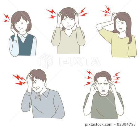 Upper body illustration set for people with headaches, types of headaches 92394753