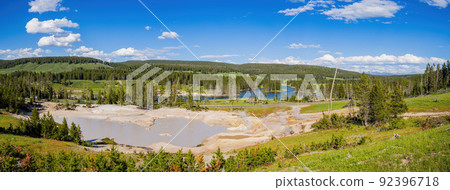 Sunny view of the landscape around Mud Volcano in Yellowstone National Park 92396718