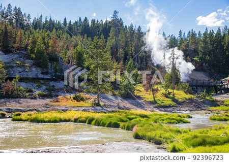 Sunny view of the landscape around Mud Volcano in Yellowstone National Park 92396723