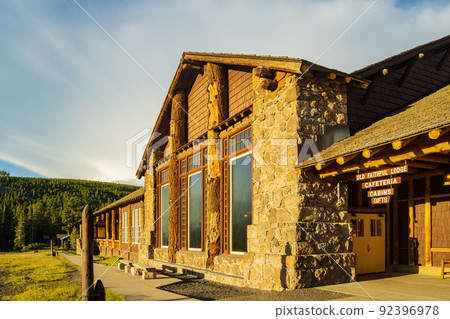 Sunset exterior view of the Old Faithful Lodge 92396978