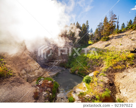 Sunny view of the Dragon's Mouth Spring of Mud Volcano in Yellowstone National Park 92397022
