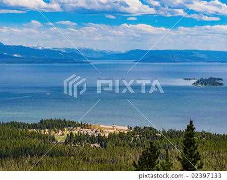 Sunny beautiful high angle view of the Yellowstone Lake landscape and Lake Yellowstone Hotel in Yellowstone National Park Sunny beautiful high angle view of the Yellowstone Lake landscape and Lake Yellowstone Hotel in Yellowstone National Park 92397133