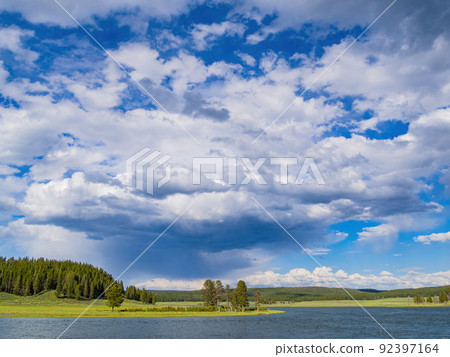 Sunny beautiful Yellowstone River landscape in Yellowstone National Park 92397164