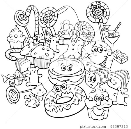 cartoon sweet food objects group coloring page 92397213