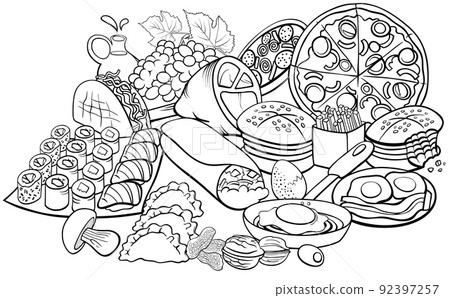 food objects and dishes group cartoon coloring page food objects and dishes group cartoon coloring page 92397257