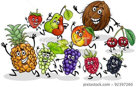 cartoon playful fruit comic characters group cartoon playful fruit comic characters group 92397260