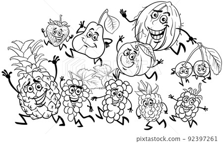 cartoon playful fruit characters group coloring page cartoon playful fruit characters group coloring page 92397261